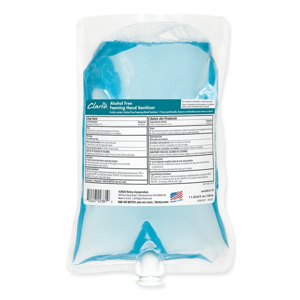 Betco Clario Alcohol Free Foaming Hand Sanitizer, 1,000 mL Bag, Fresh, 6PK 7522900